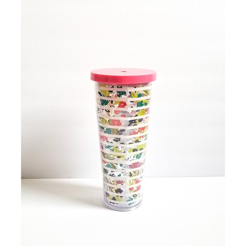 STARBUCKS Venti Cold Cup Tumbler White Stripes Coral Lid Floral 24 oz 2017 - Picture 3 of 12